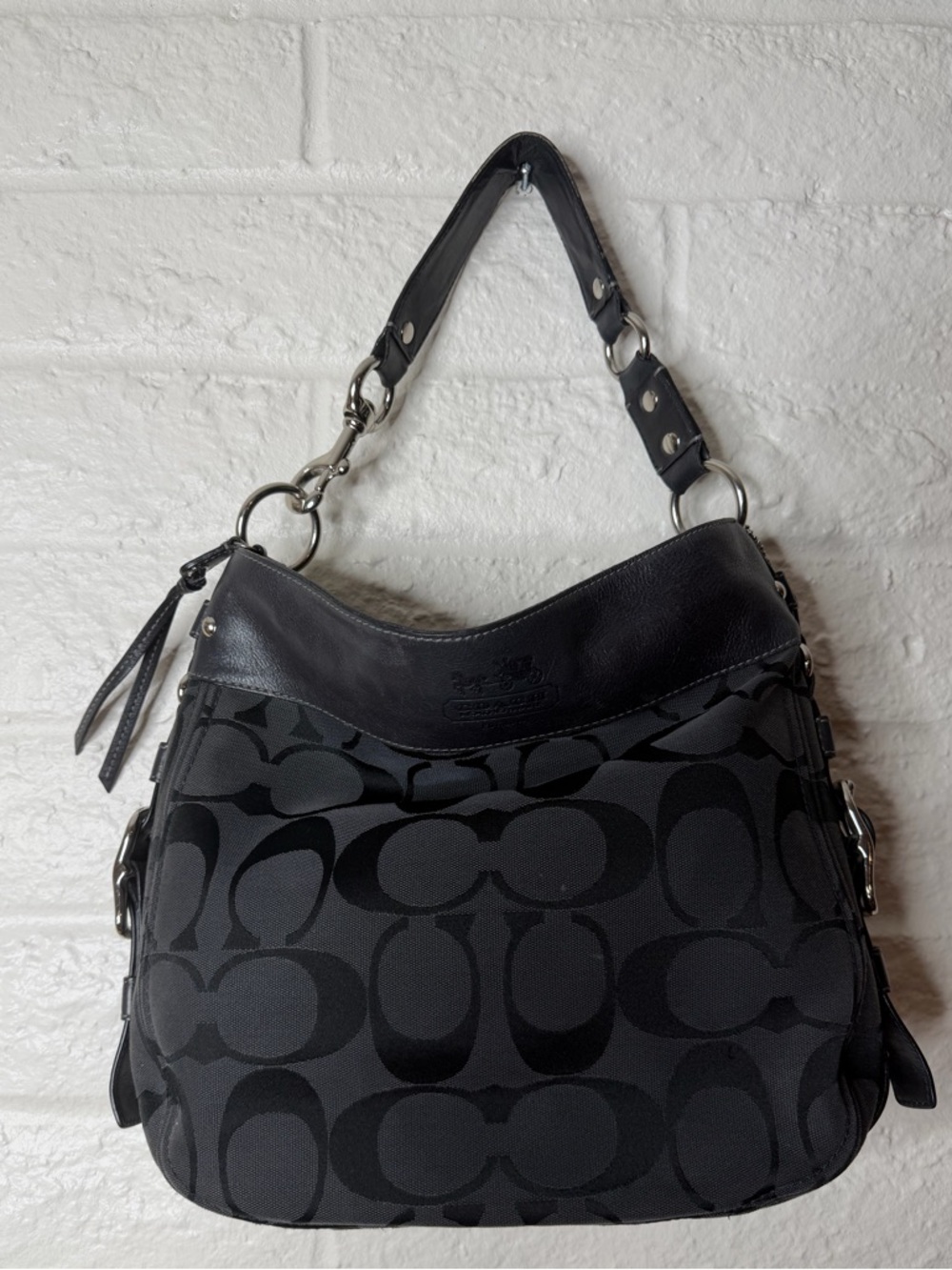 Vintage Y2K Coach Zoe Large Handbag 12674P Black Signature Leather Trim